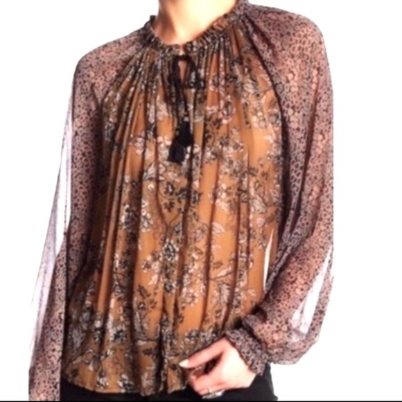 FREE PEOPLE Boho Sheer Chiffon Floral Blouse Brown/Black - Picture 2 of 8
